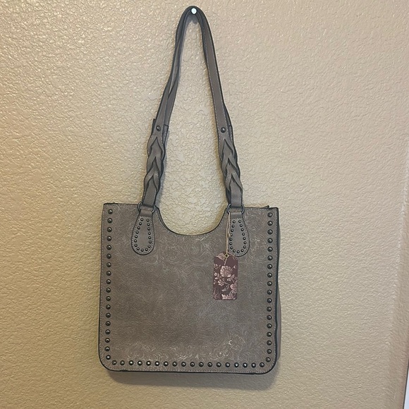 sam and hadley Handbags - Gray Studded Tote with Braided Strap